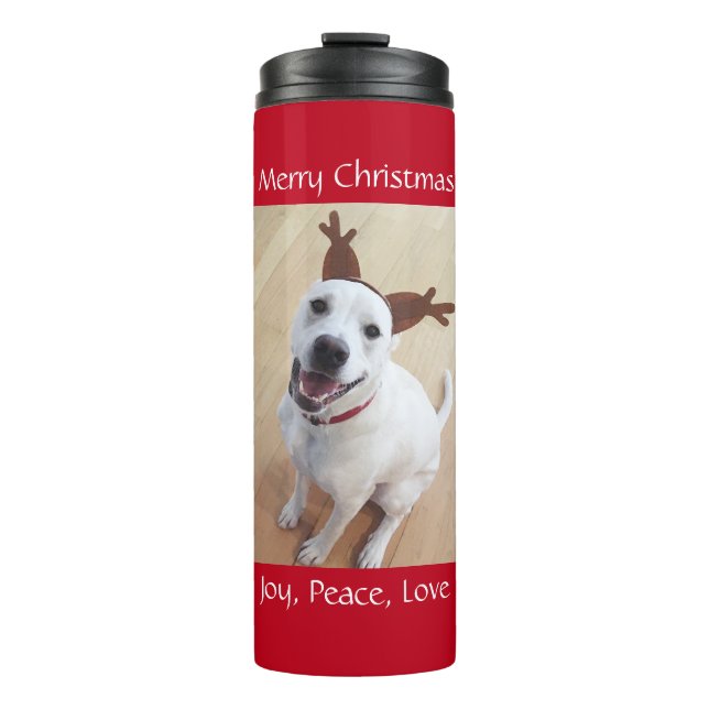 Cute Smiling White Reindeer Puppy Dog Christma Thermal Tumbler (Front)