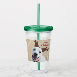 Cute Smiling White Reindeer Puppy Dog Christmas Acrylic Tumbler