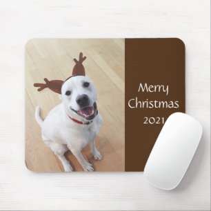 Cute Smiling White Reindeer Puppy Dog Christmas Mouse Mat