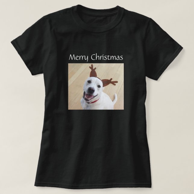 Cute Smiling White Reindeer Puppy Dog Christmas T-Shirt (Design Front)