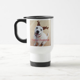 Cute Smiling White Reindeer Puppy Dog Christmas Travel Mug