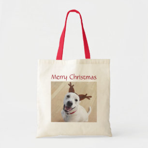 Cute Smiling White Reindeer Puppy Dog Tote Bag