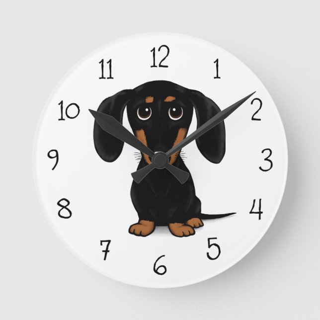 Cute Smooth Coated Black and Tan Dachshund Dog Round Clock (Front)