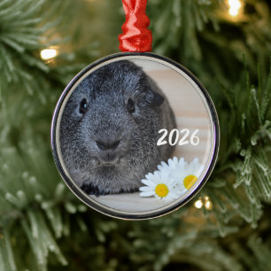 Cute Smooth, Silver Agouti Guinea Pig and Daisies Metal Tree Decoration