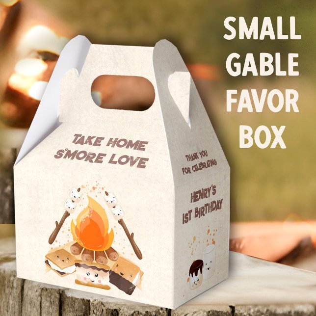 Cute S'more Campfire 1st Birthday Camping Favour Box (Cute S'mores Small Gable Favor Boxes - You can choose from 3 sizes of these gable favor boxes)