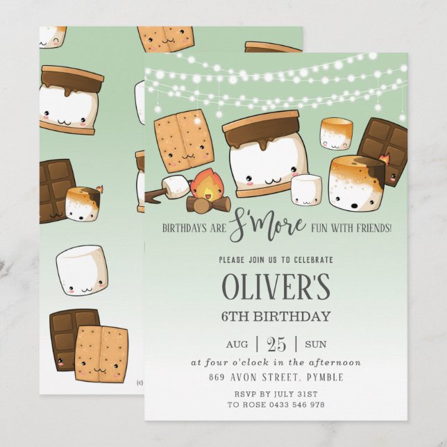 Cute S'more Smores Camping Bonfire Birthday Green Invitation (Front/Back)