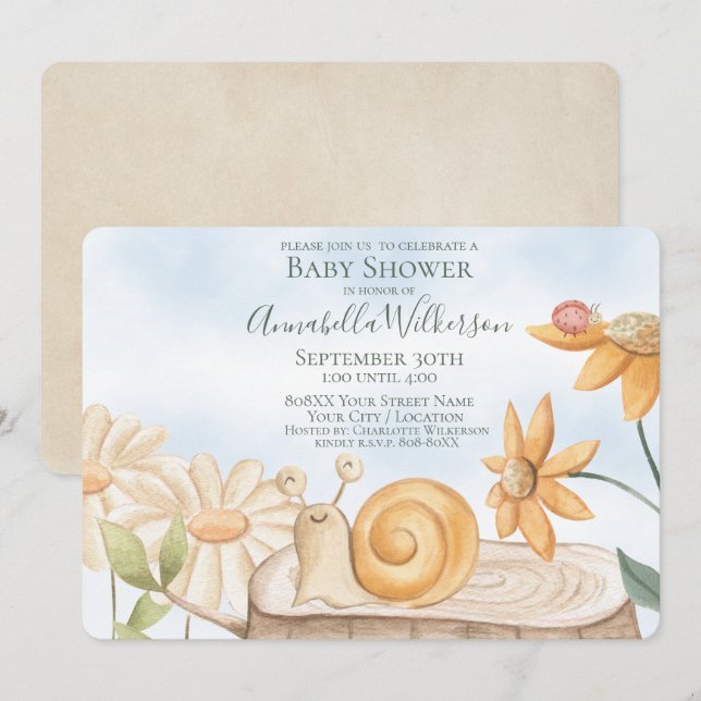Cute Snail and Ladybug Garden Theme Baby Shower Invitation (Front/Back)