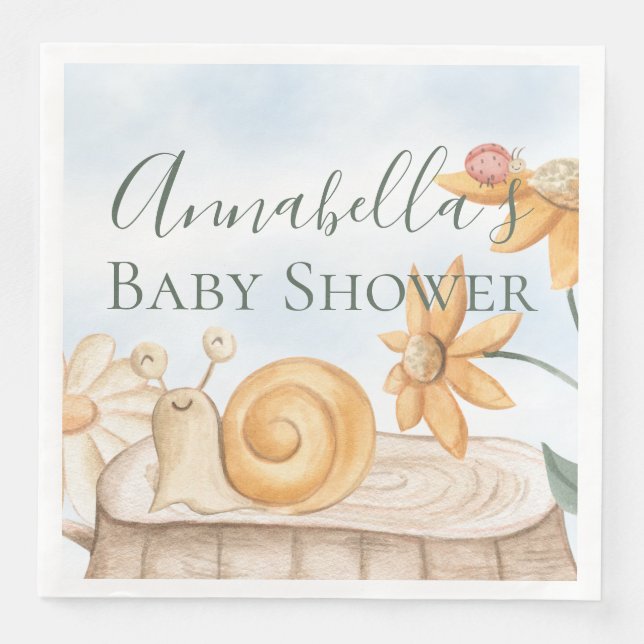Cute Snail and Ladybug Garden Theme Baby Shower Napkin (Front)