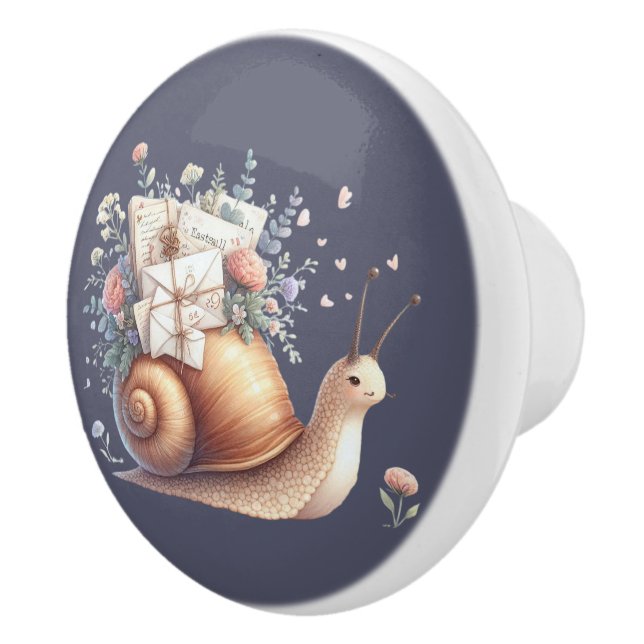 Cute Snail Mail Floral Pastel Illustration Ceramic Knob (Right)
