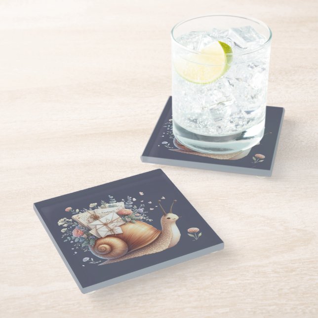 Cute Snail Mail Floral Pastel Illustration Glass Coaster (Angled)