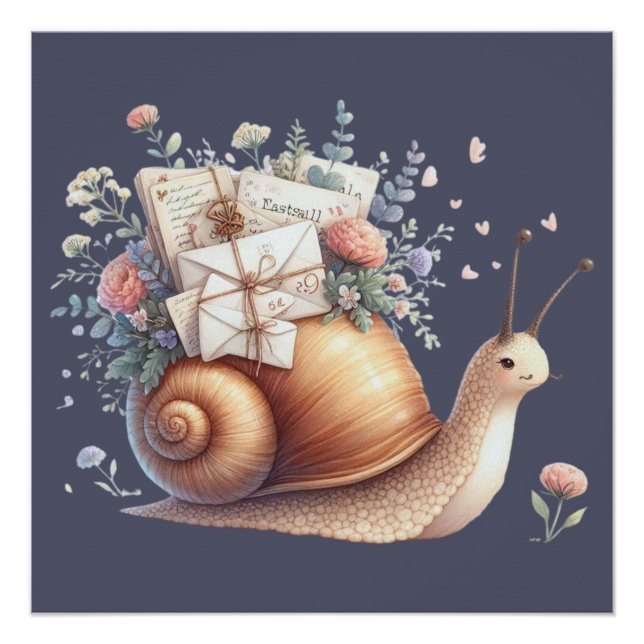 Cute Snail Mail Floral Pastel Illustration Poster (Front)