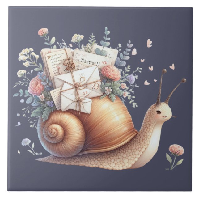 Cute Snail Mail Floral Pastel Illustration Tile (Front)