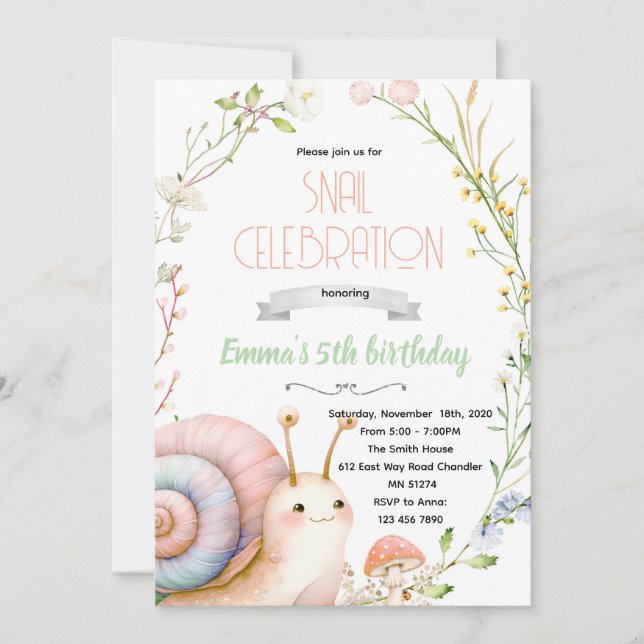 Cute snail party invitation (Front)