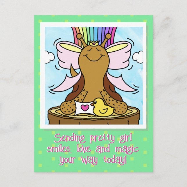 Cute Snail Pink Hair Ribbon Pretty Girl Smiles Postcard (Front)