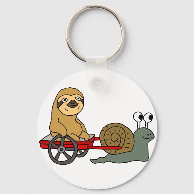 Cute Snail Pulling Sloth in Red Wagon Key Ring (Front)