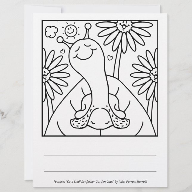 Cute Snail Summer Sunflower Garden Colouring Page (Front)