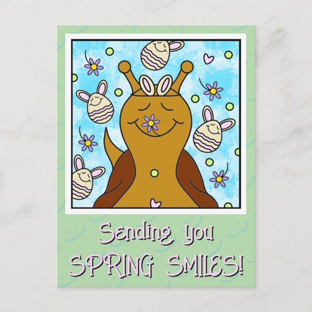 Cute Snail With Bunny Eggs Sending Smiles Easter | Holiday Postcard (Front)