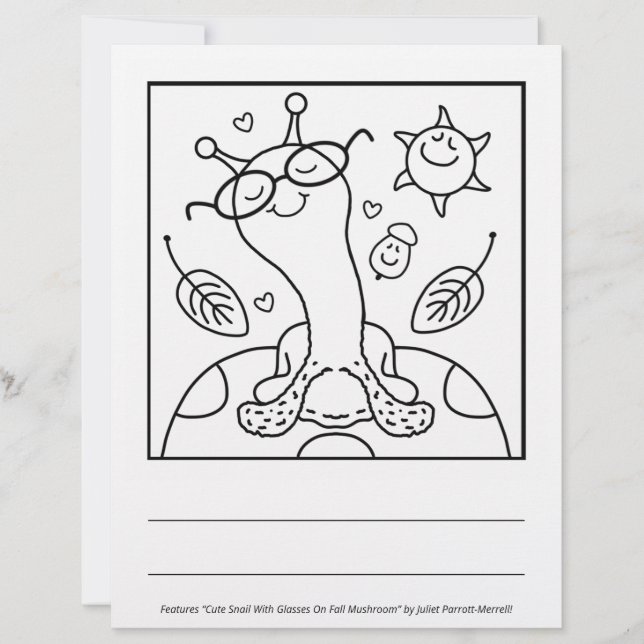 Cute Snail With Glasses On Mushroom Colouring Page (Front)