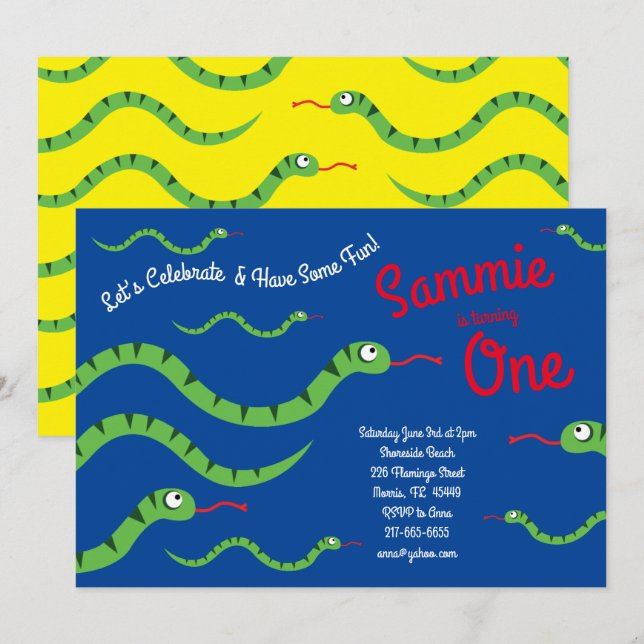 Cute Snake Reptiles Kid 1st Birthday Party Invitation (Front/Back)