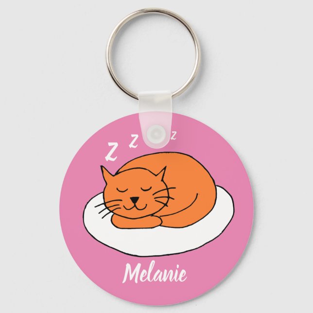 Cute Snoozing Cat Pink Key Ring (Front)