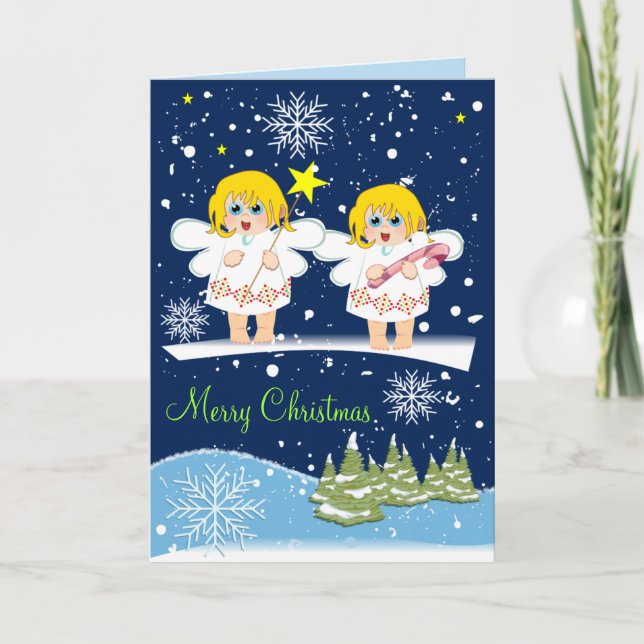 Cute Snow, Angels and Custom Text card (Front)