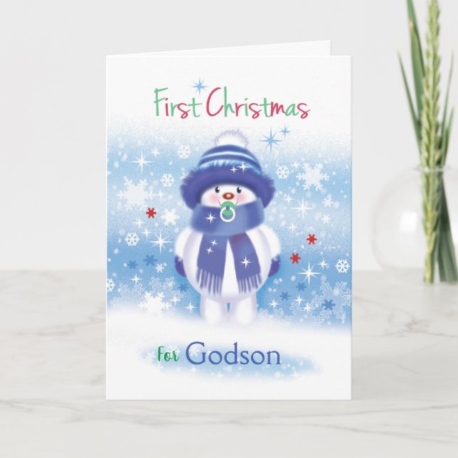 Cute snow baby, 1st Christmas, Godson card (Front)