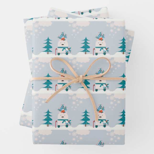Cute Snow Bear Kids Christmas Wrapping Paper Sheet (In situ)