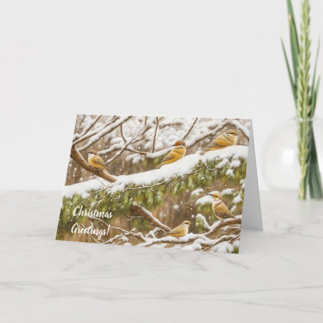 Cute Snow Birds on Snow Falling Christmas Holiday Card (Front)