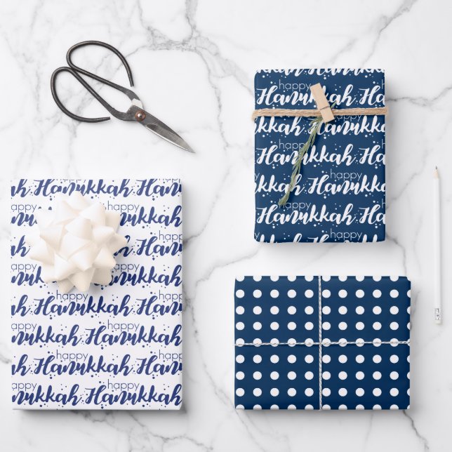 Cute Snow Bubbles & Polka Dot Happy Hanukkah Wrapping Paper Sheet (Front)