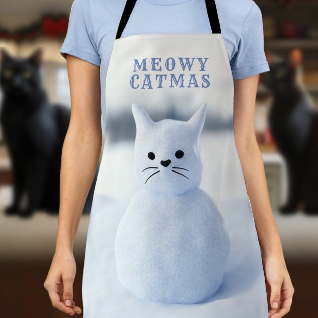 Cute Snow Cat Meowy Catmas Christmas Kitchen Apron (Meowy Catmas! A fun and festive apron to wear through the holiday season)