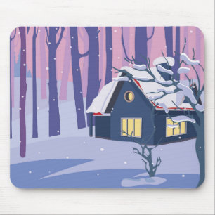 Cute Snow Filled Winter Scene with Cabin Mouse Mat