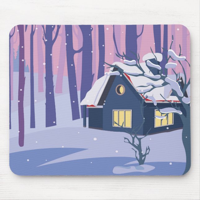 Cute Snow Filled Winter Scene with Cabin Mouse Mat (Front)