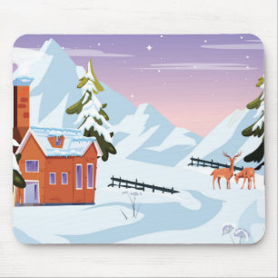 Cute Snow Filled Winter Scene with Deer Mouse Mat
