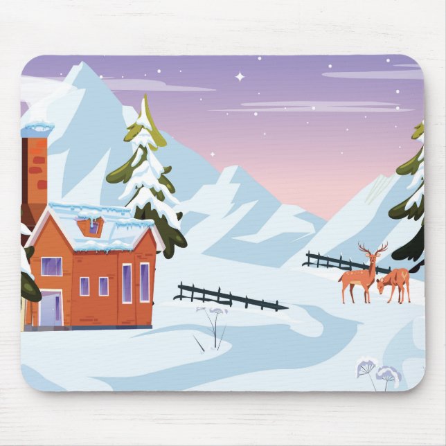 Cute Snow Filled Winter Scene with Deer Mouse Mat (Front)