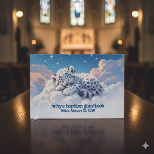 Cute Snow Leopard Asleep on Clouds Baby Baptism Guest Book