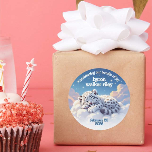 Cute Snow Leopard Asleep on Clouds Baby Shower Classic Round Sticker (Party)