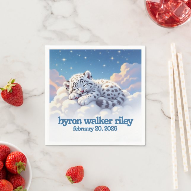 Cute Snow Leopard Asleep on Clouds Baby Shower Napkin (Insitu)