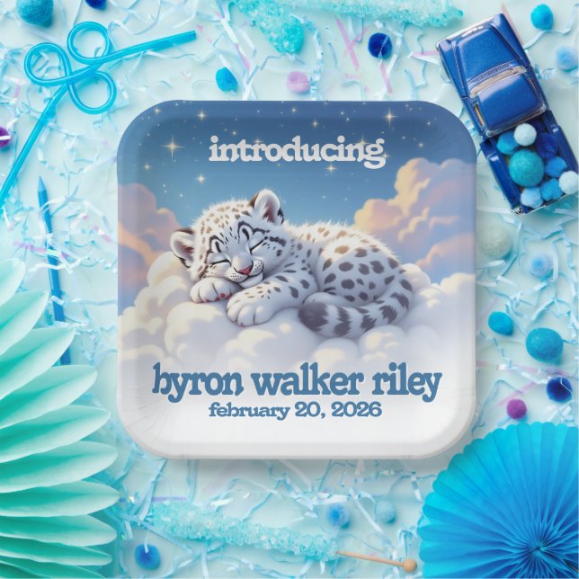 Cute Snow Leopard Asleep on Clouds Baby Shower Paper Plate (Party)