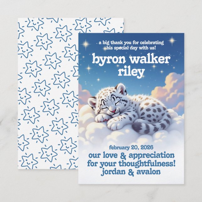 Cute Snow Leopard Asleep on Clouds Baby Shower Thank You Card (Front/Back)