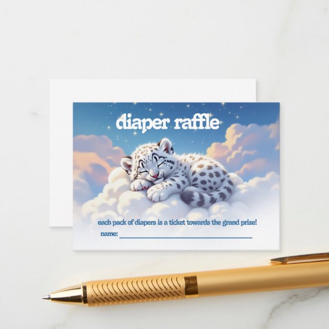 Cute Snow Leopard Asleep on Clouds Diaper Raffle Enclosure Card (Front/Back In Situ)
