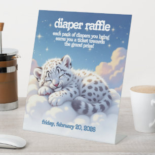 Cute Snow Leopard Asleep on Clouds Diaper Raffle Pedestal Sign