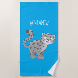 Cute snow leopard cartoon illustration beach towel