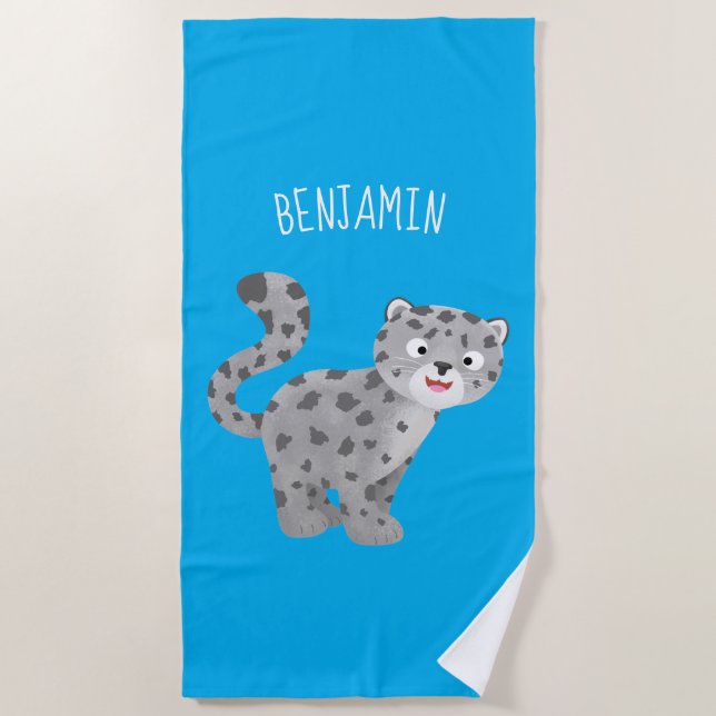 Cute snow leopard cartoon illustration beach towel (Front)