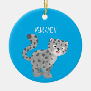 Cute snow leopard cartoon illustration ceramic tree decoration