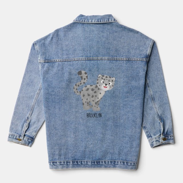 Cute snow leopard cartoon illustration denim jacket (Back)
