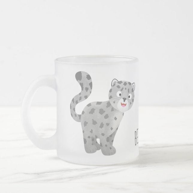 Cute snow leopard cartoon illustration frosted glass coffee mug (Left)