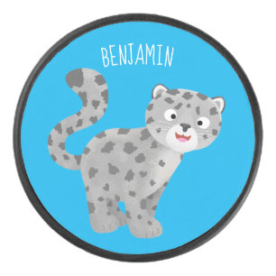 Cute snow leopard cartoon illustration hockey puck