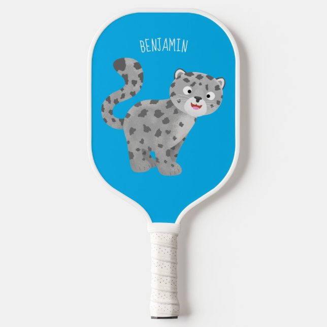 Cute snow leopard cartoon illustration pickleball paddle (Front)