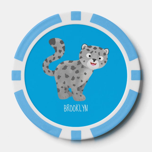 Cute snow leopard cartoon illustration poker chips (Front)