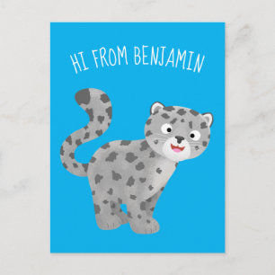 Cute snow leopard cartoon illustration postcard
